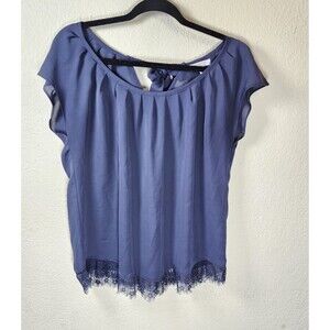 LC Lauren Conrad Top Medium Slate Blue Pleated Chiffon Lace Hem Tie Back Blouse